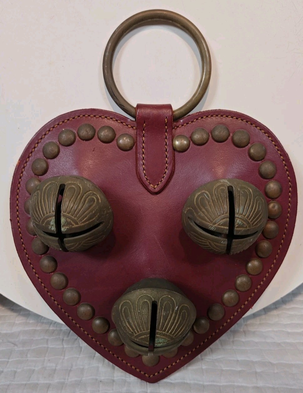 Vintage Leather Heart Breastplate Drop #10 Brass Sleigh Bells Horse Harness Xmas