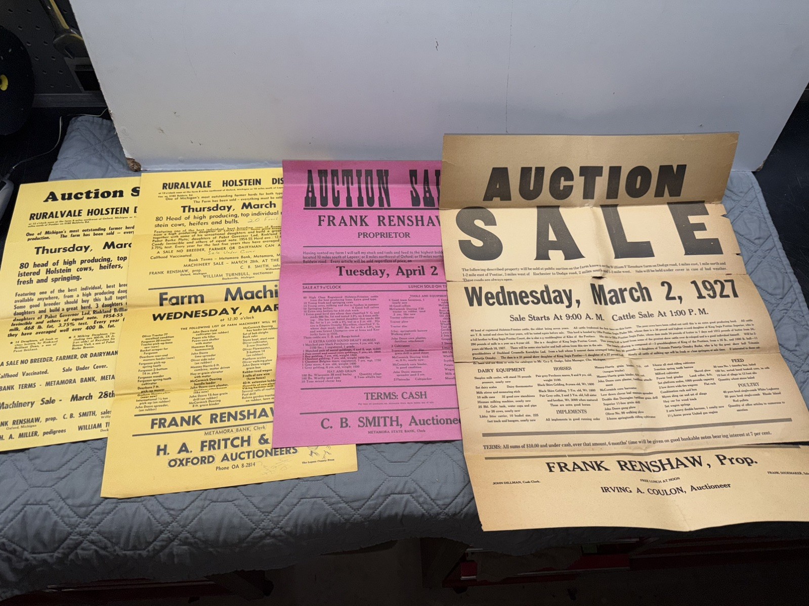 Vintage 1920s-1950s Farm Auction Posters Lot of 4, Original Advertising Signs