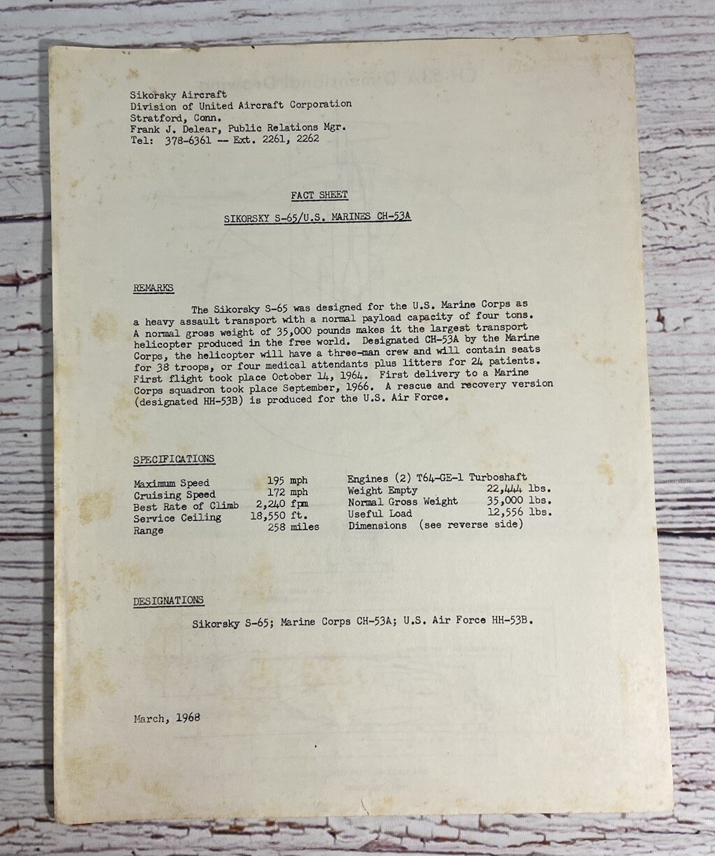 Vintage 1968 SIKORSKY S-65/U.S. MARINES CH-53A Helicopter PR Fact Sheet Vintage 1968 SIKORSKY S-65/U.S. MARINES CH-53A Helicopter PR Fact Sheet
