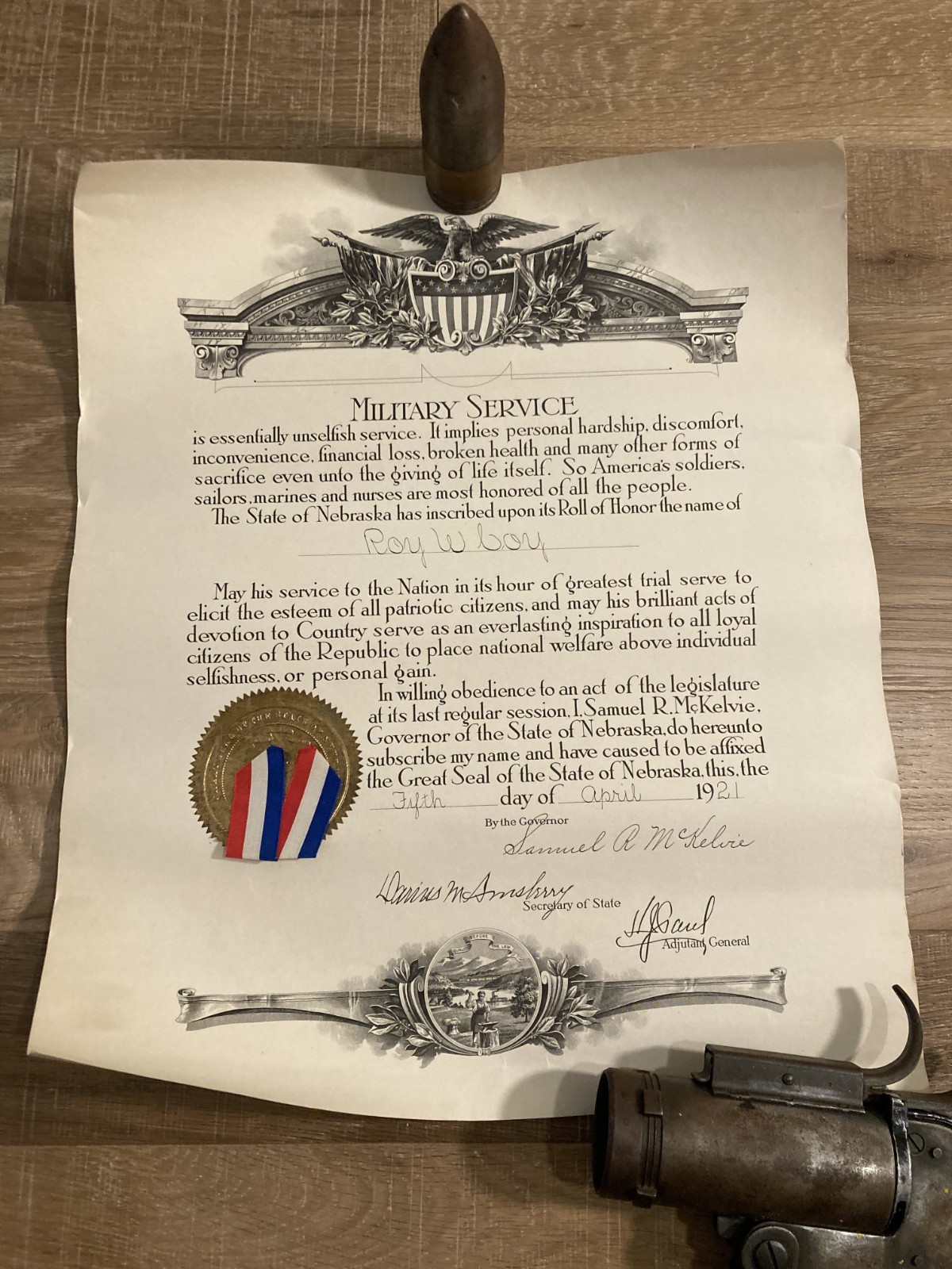 1921 Nebraska WWI Military Service Roll Of Honor Certificate Signed Document 1921 Nebraska WWI Military Service Roll Of Honor Certificate Signed Document