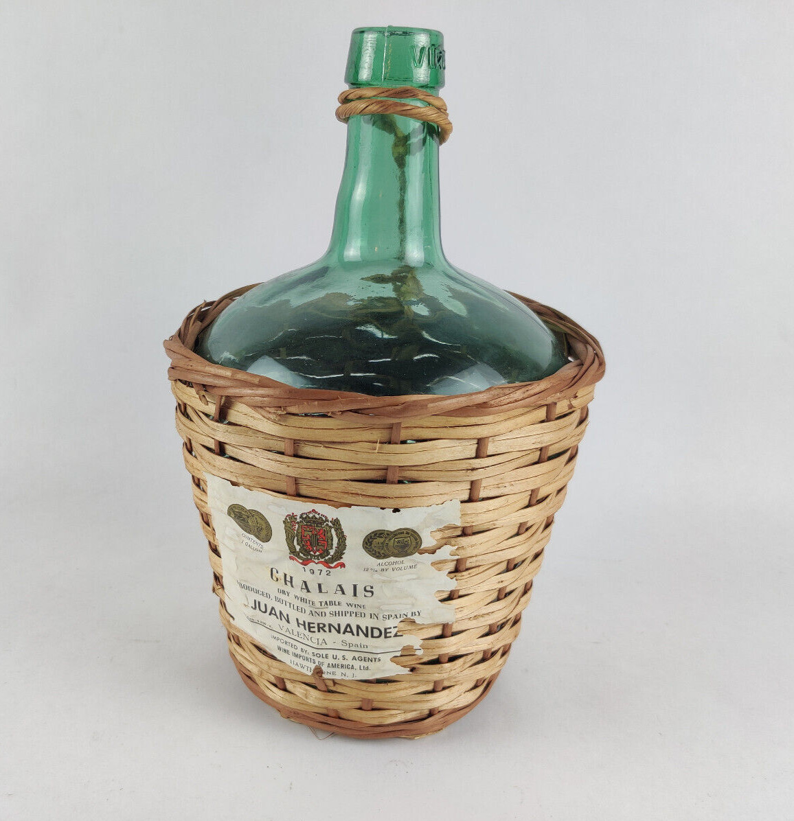 Vintage 1972 Juan Hernandez Chalais Spanish Wine Jug Green Glass Wicker Wrapped