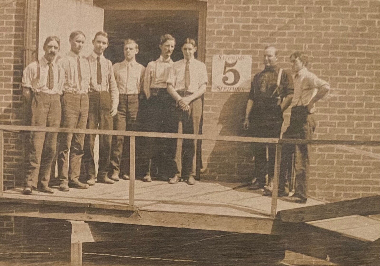Real Photo 8 Men Standing at Factory Entrance #5 Ramp Occupational RPPC Postcard Real Photo 8 Men Standing at Factory Entrance #5 Ramp Occupational RPPC Postcard