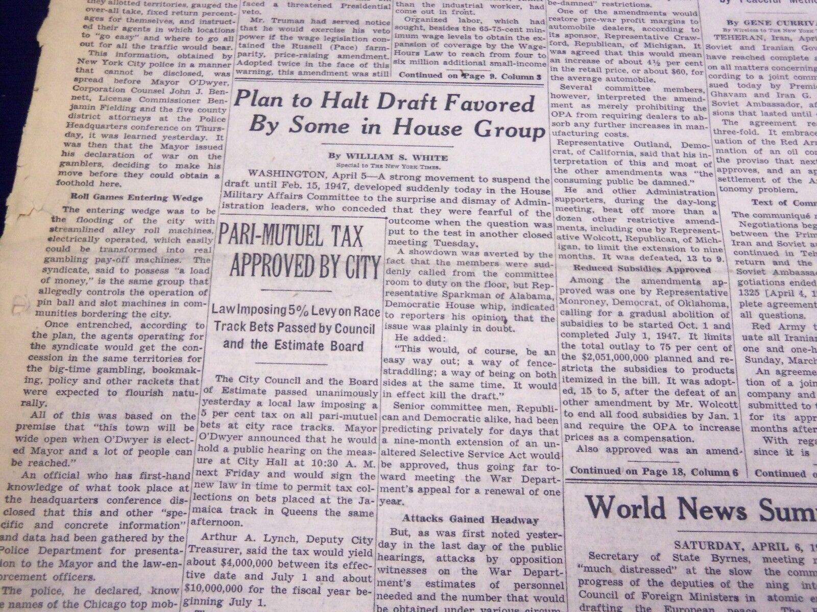 1946 APRIL 6 NEW YORK TIMES - PARI-MUTUEL TAX APPROVED BY CITY - NT 2294