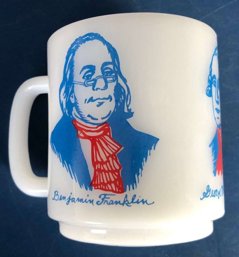 Vintage Glasbake Milk Glass Bicentennial Mug Franklin Washington Jefferson