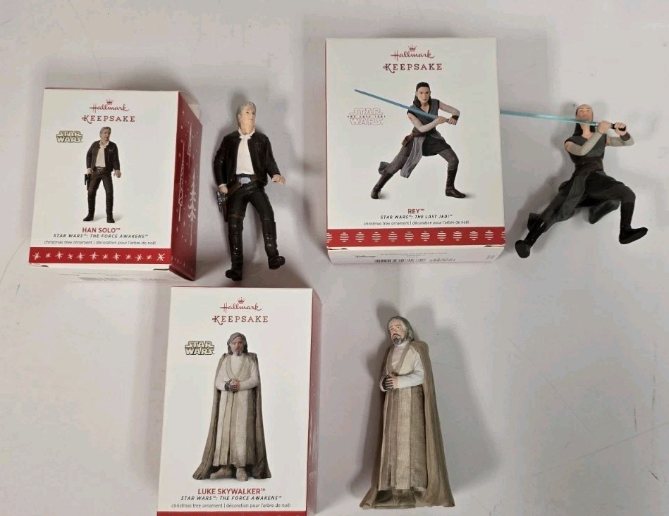 3 Star Wars Hallmark Ornaments Luke Skywalker Han Solo Rey Excllent Condition 3 Star Wars Hallmark Ornaments Luke Skywalker Han Solo Rey Excllent Condition