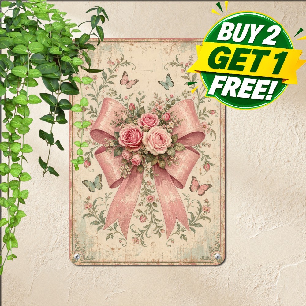 Romantic Pink Ribbon Bow Shaped Wall Decor Metal Tin Sign Bedroom Plaque