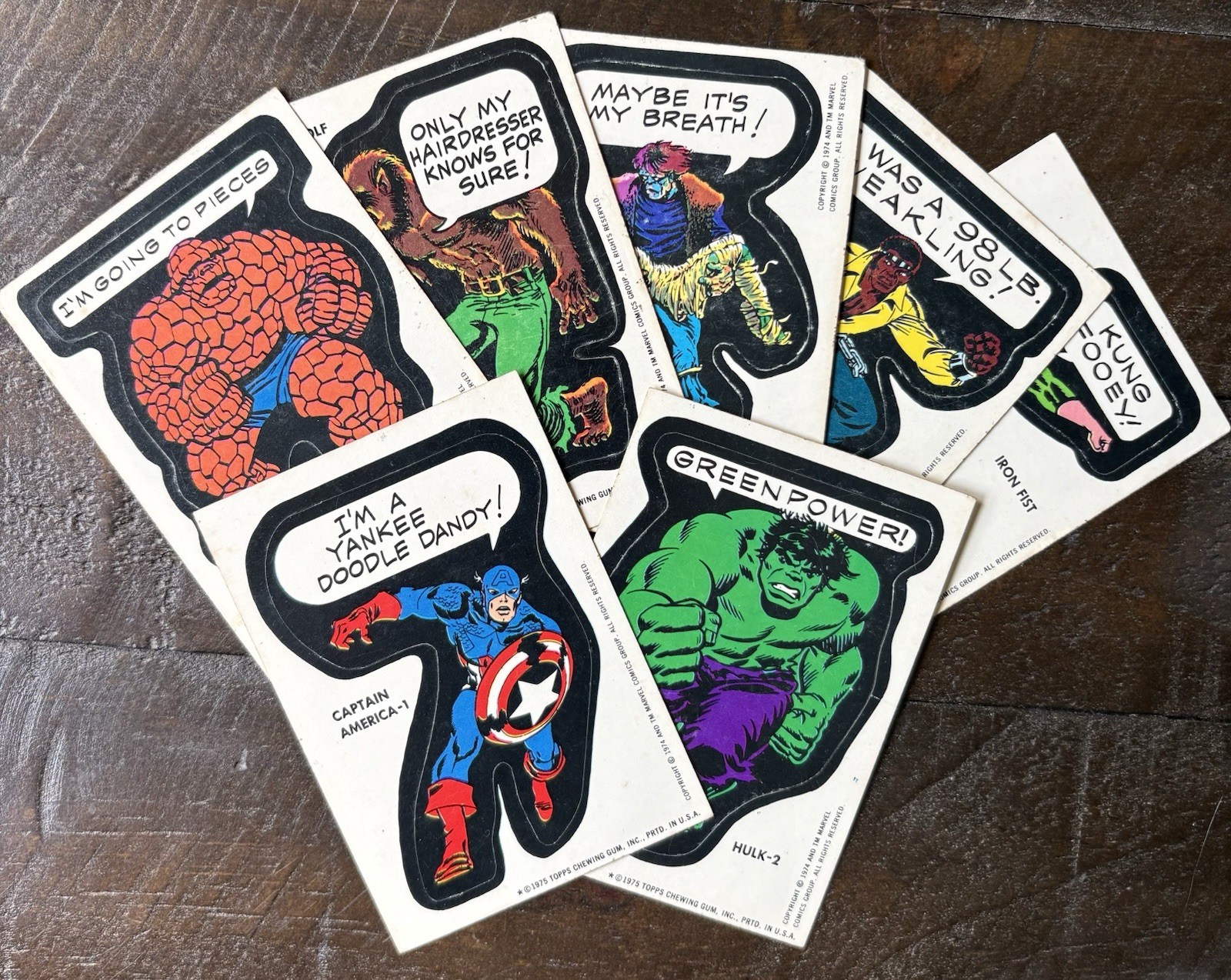 Lot (7) 1975 Topps vtg Marvel Super Heroes Stickers incl Captain America & Hulk