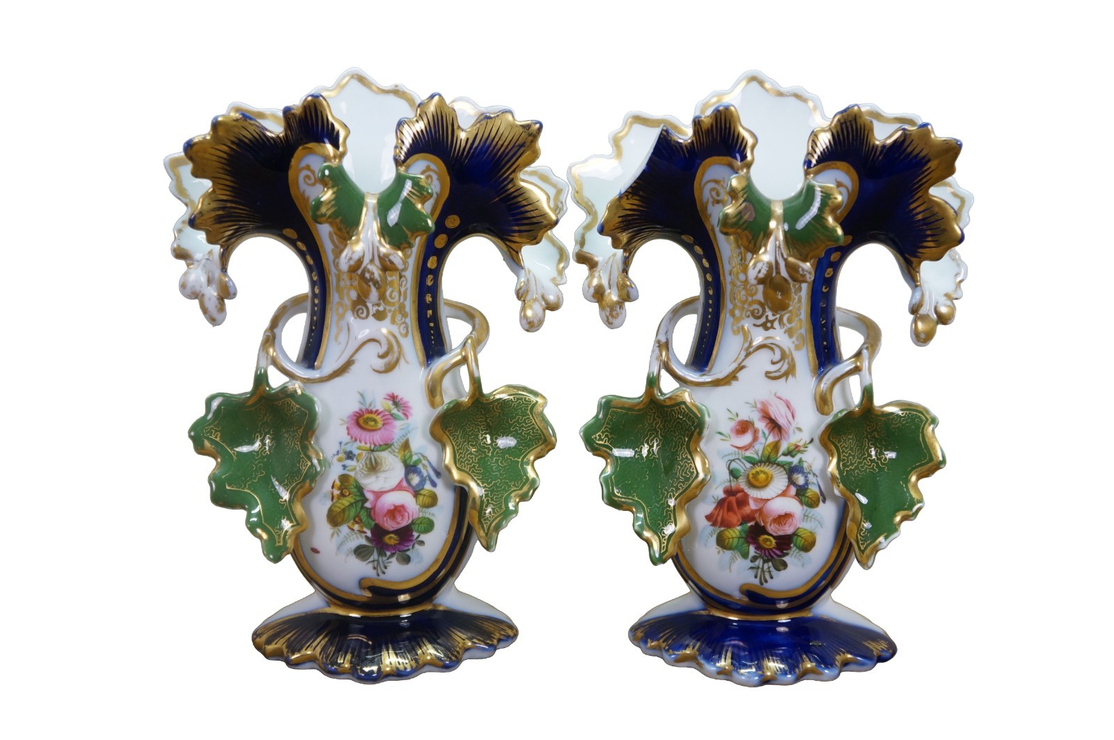 Pair Antique Old Paris Hand Painted Cobalt Blue Gilt Gold Floral Porcelain Vases