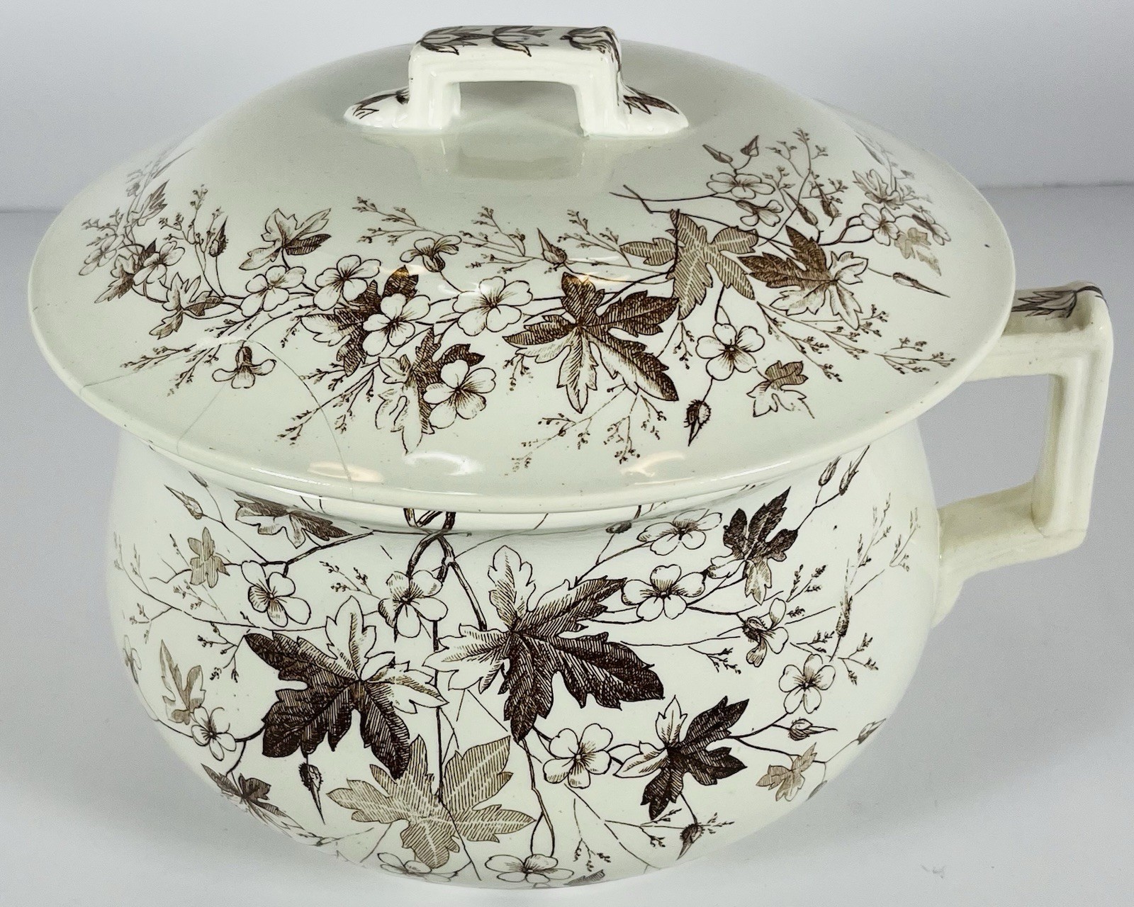 Antique Emery Cranesbill Ironstone Transferware Chamber Pot With Lid