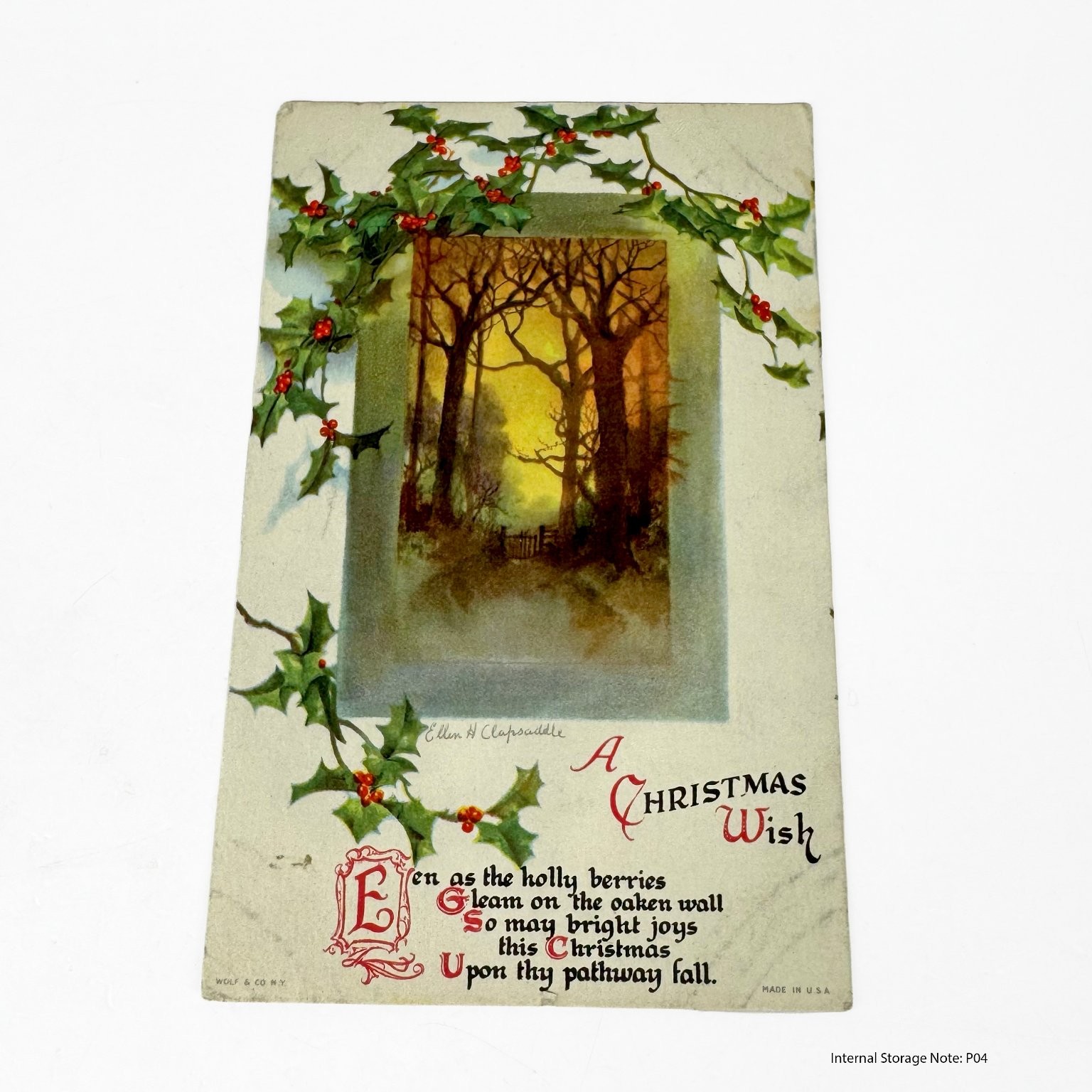 Antique Ellen Clapsaddle Christmas Postcard Holly Forest Poem Wolf & Co Posted