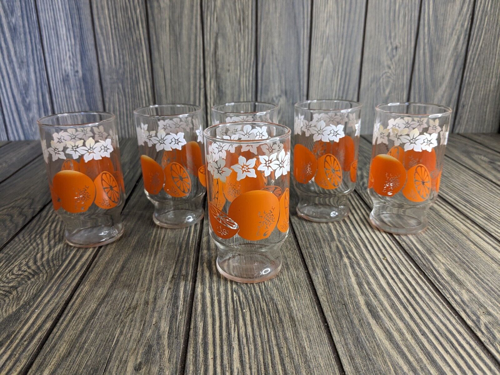 Vintage Anchor Hocking Orange Juice Blossom Drinking Glasses Set Of 6 