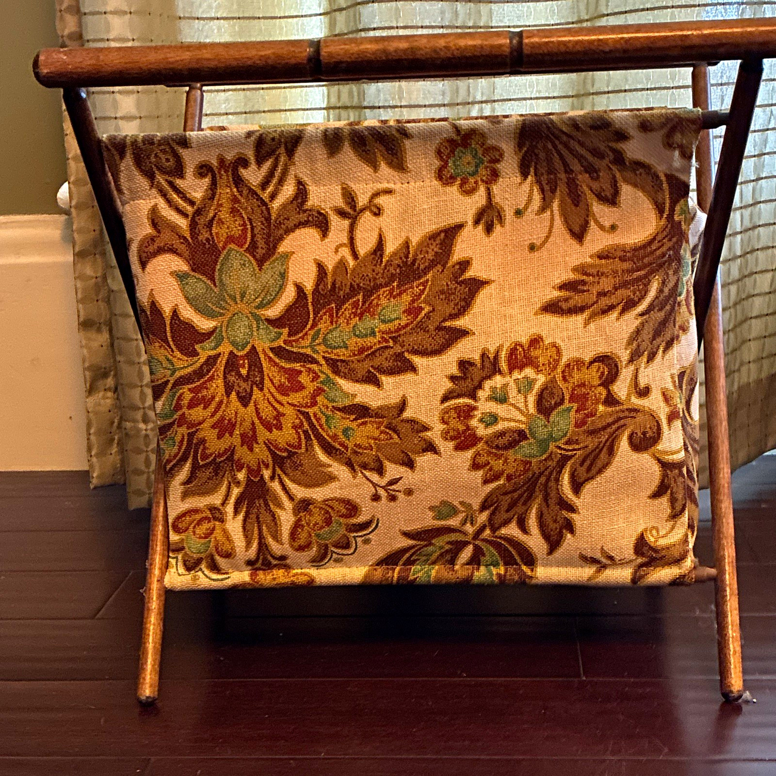 Vintage MCM Floral Tapestry Wooden Frame Folding Knitting Storage Basket Caddy