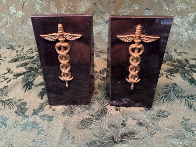 Vintage  Black  Marble & Solid Brass Caduceus Bookends.