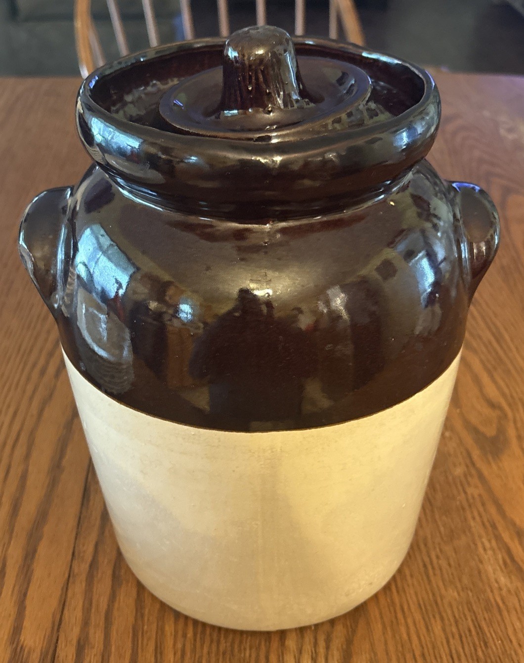 Vintage Stoneware Kitchen Crock – Brown Top Cream Bottom with Lid & Side Handle