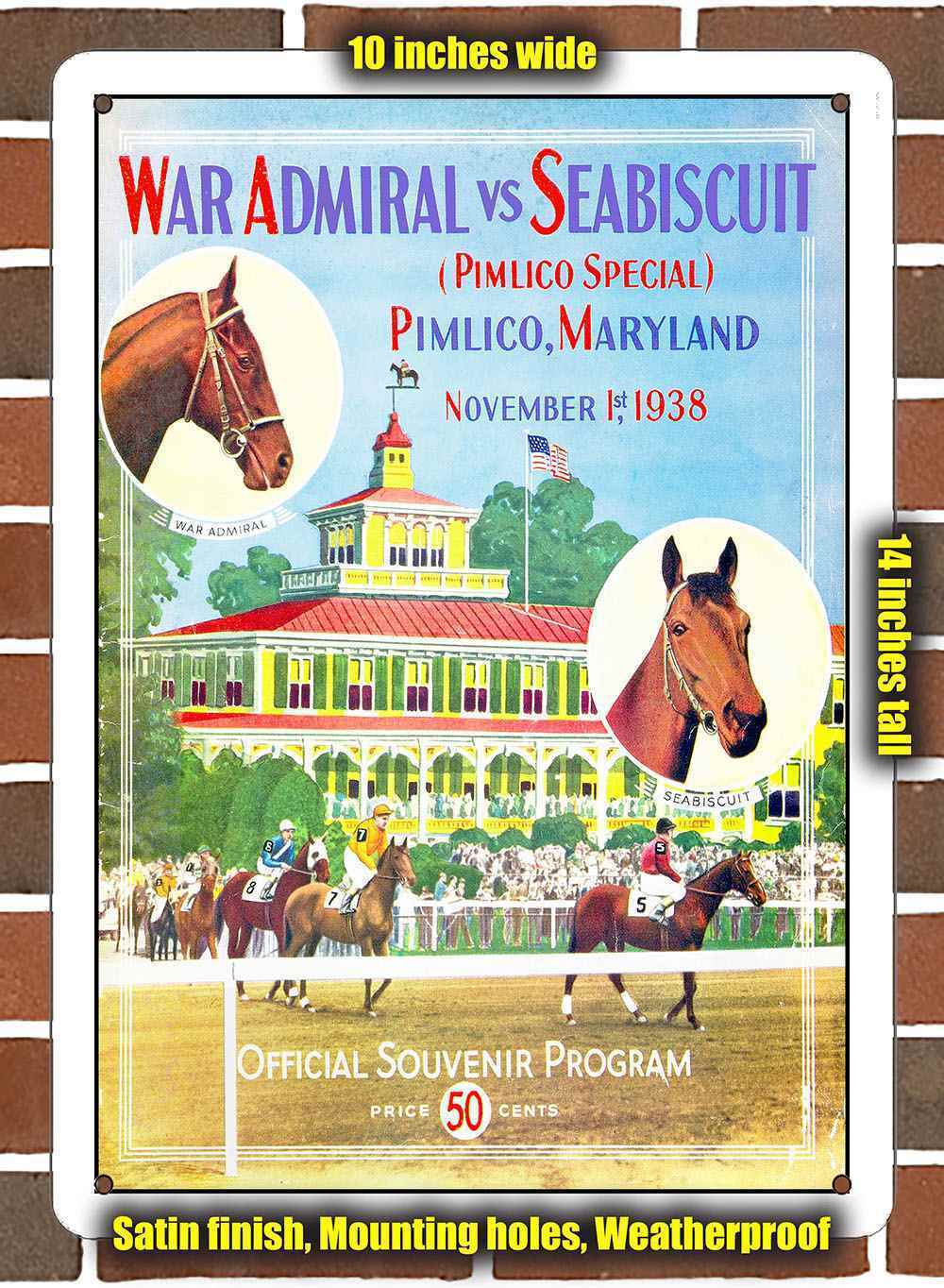 Metal Sign - 1938 Seabiscuit at Pimlico Horse Race- 10x14 inches