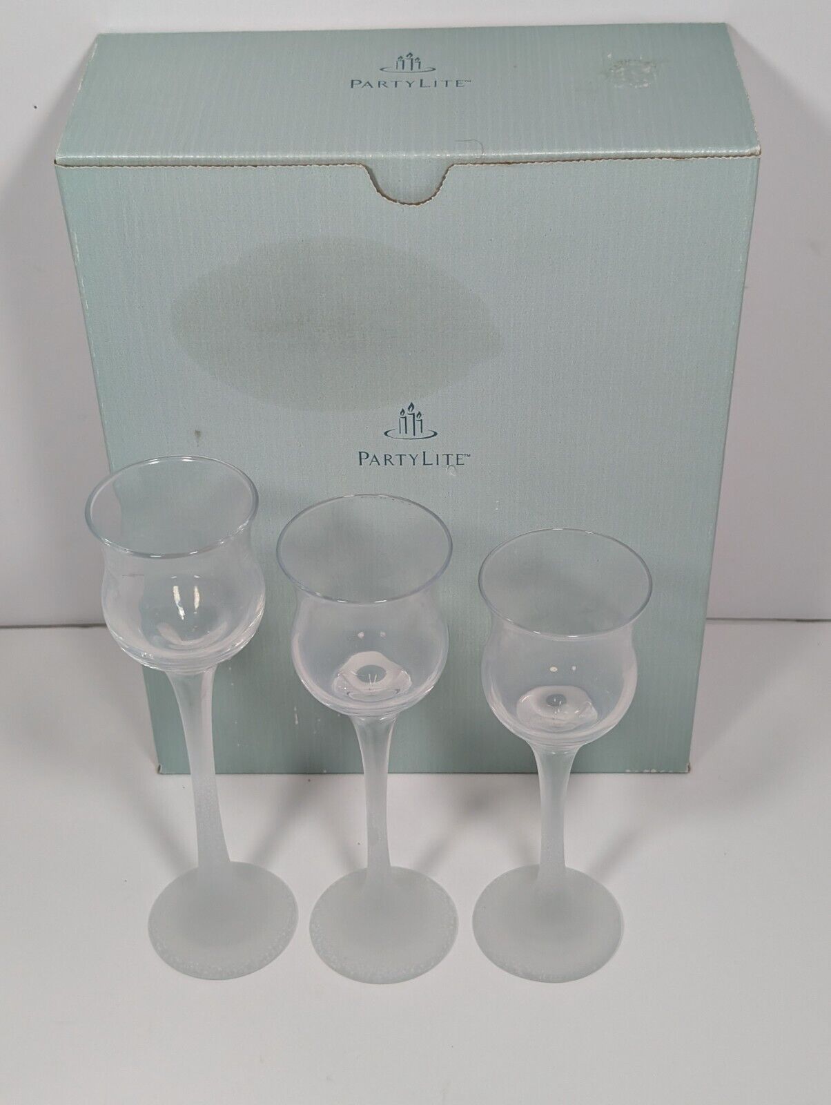 PartyLite ICED CRYSTAL TRIO P9248 Stemmed Trio Set Glass Votive Tealight Holders