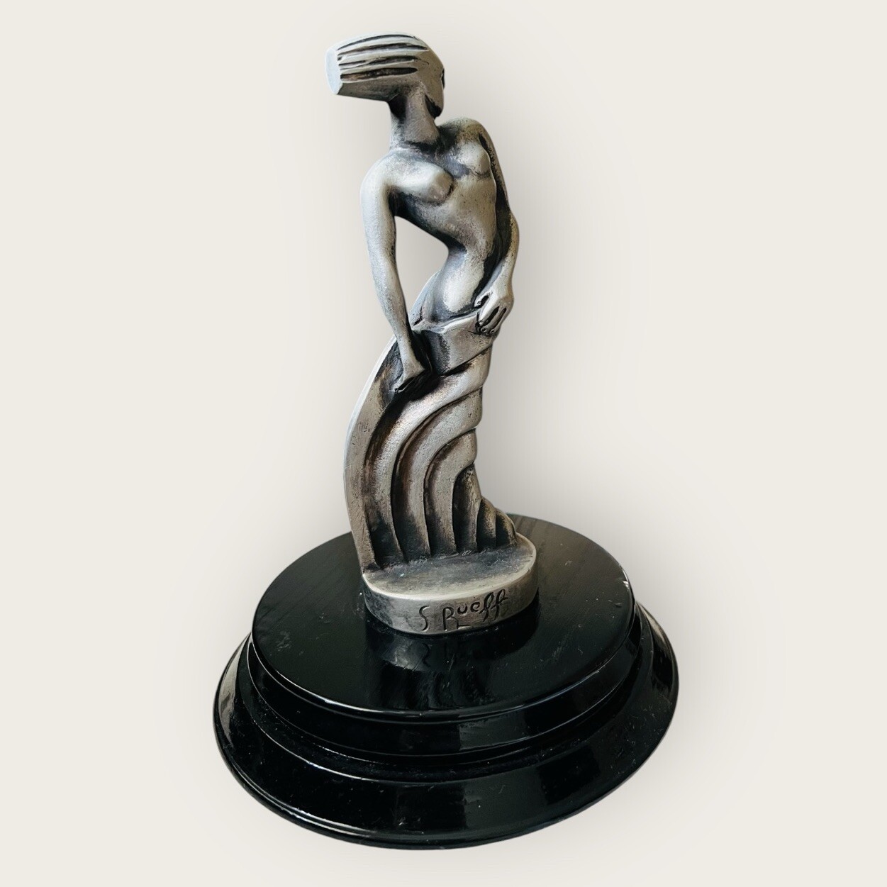 S. Rueff  1925 France Art Deco Silver Bronze Standing Woman Statue hood ornament