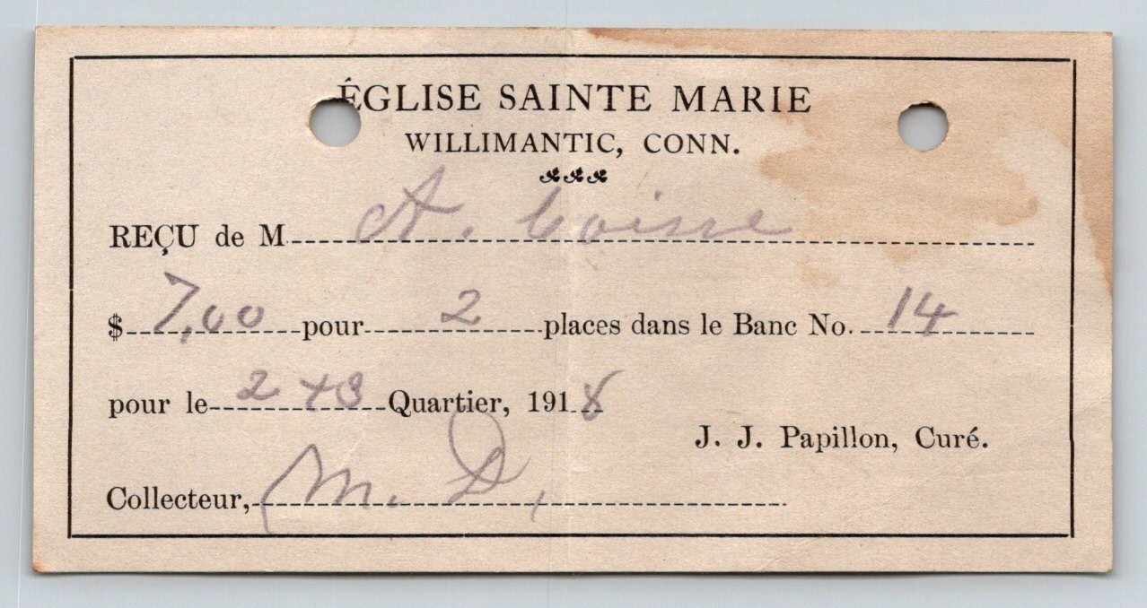 1914 Willimantic CT Connecticut St. Mary's Church Pew Rental Receipt Ephemera