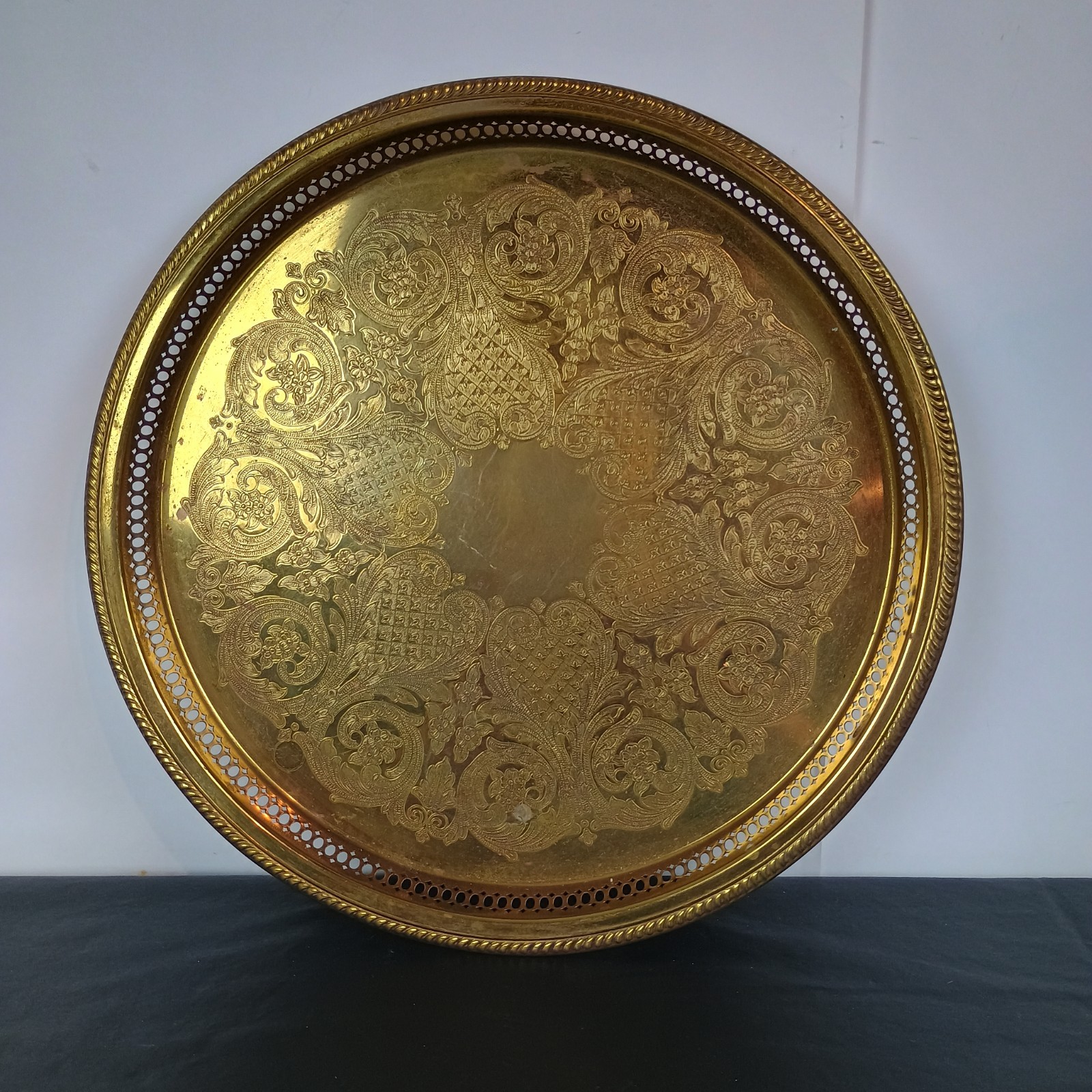 Vtg Lg Solid Brass Etched  Serving Tray Pierced Gallery Edge No.14 ARTBRASS Co