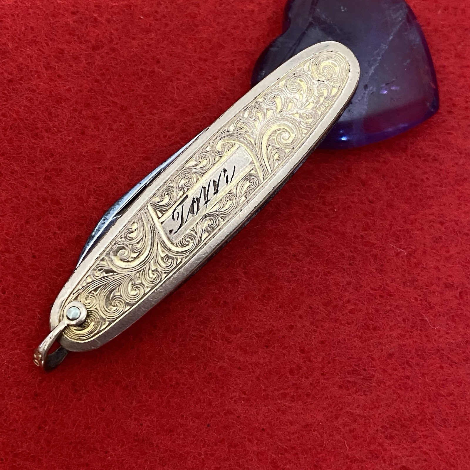 Old Vintage Gents Gold Filled Engraved Fob Pocket Knife Pen Keychain
