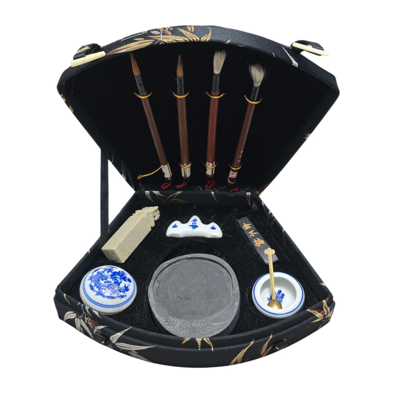 Vintage Chinese Calligraphy Set Fan Shaped Silk Brocade Box 4 Brushes Ink Stone