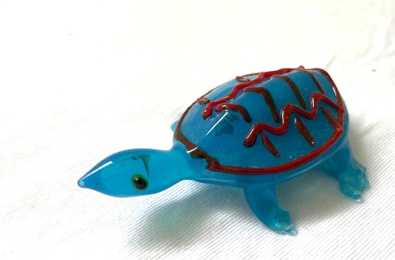 Vintage  Blue & RED  Art Glass 4” Small MINI Turtle  Figurine hand made