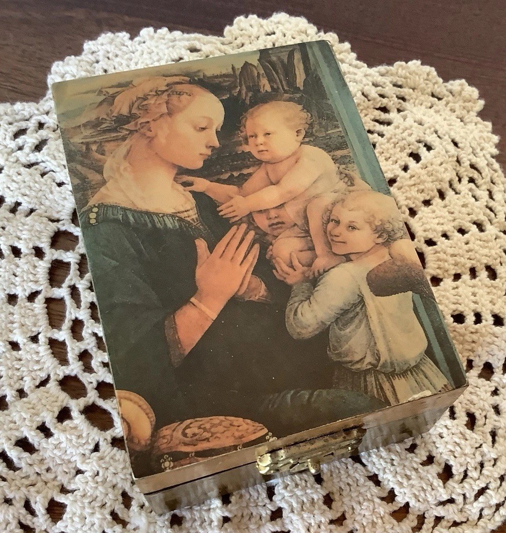 Florentine Box Depiction of Madonna & Child by Filippo Lippi Lacquered Wood VTG