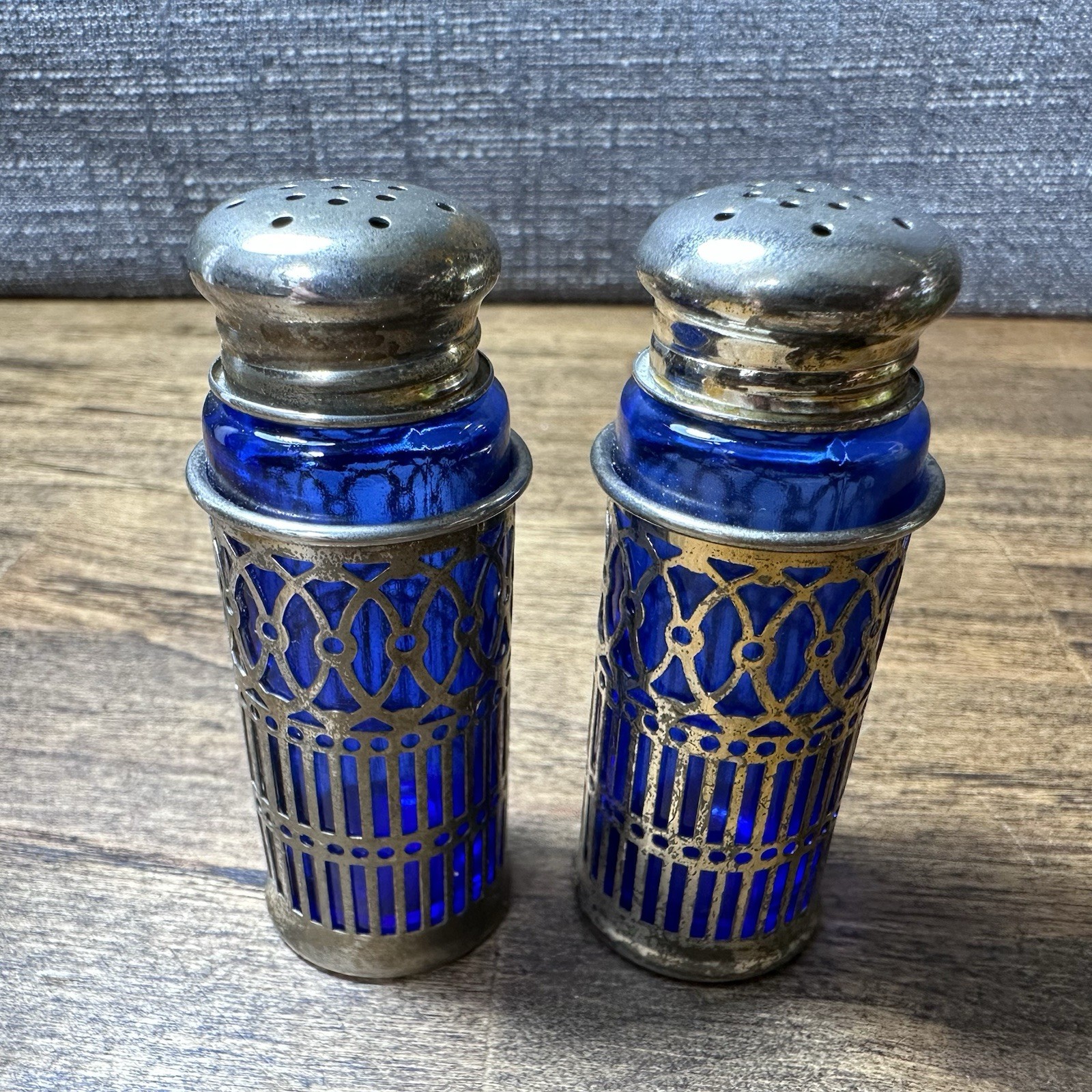 Vintage Cobalt Blue and Silver-plate Salt and Pepper Shaker Set