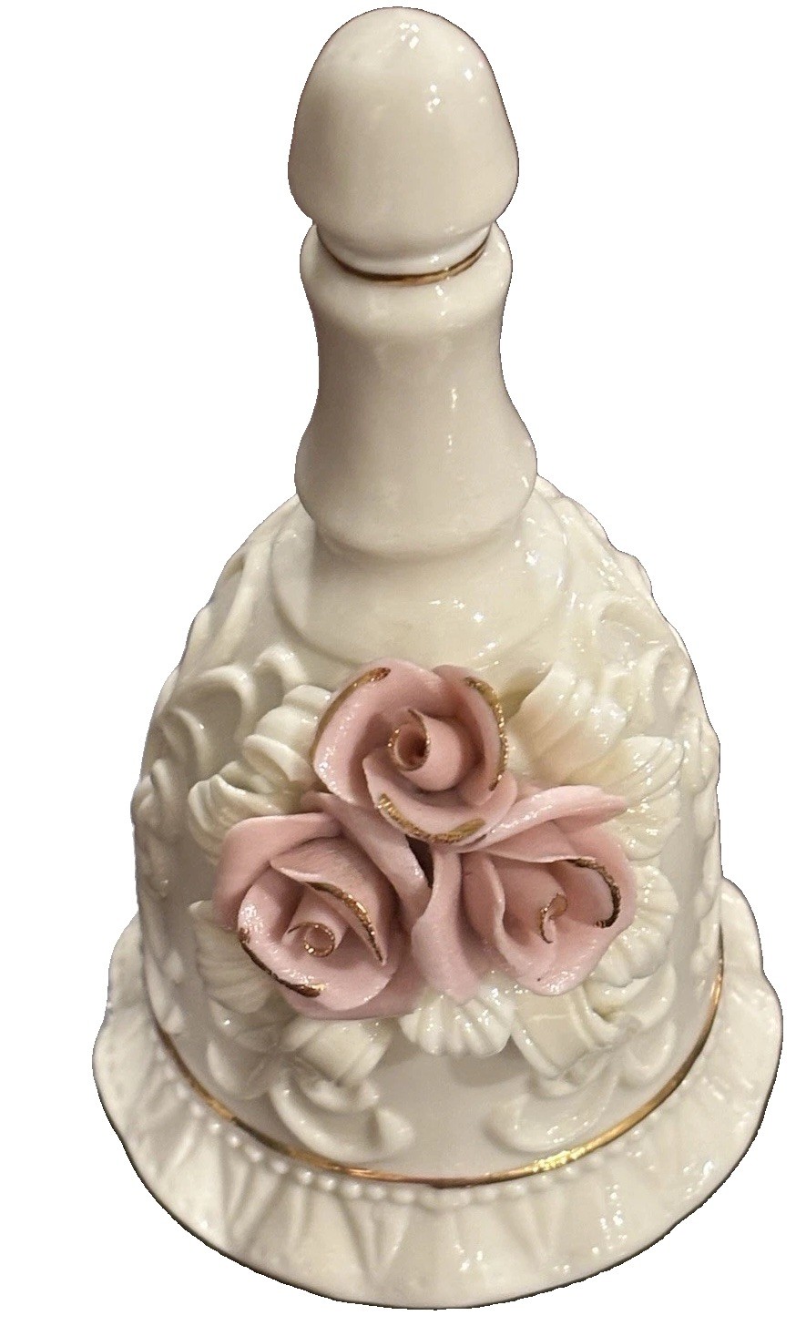 Ivory Porcelain Hand Bell 3D Pink Rose Flowers Gold Accents Lenox Style Vintage Ivory Porcelain Hand Bell 3D Pink Rose Flowers Gold Accents Lenox Style Vintage