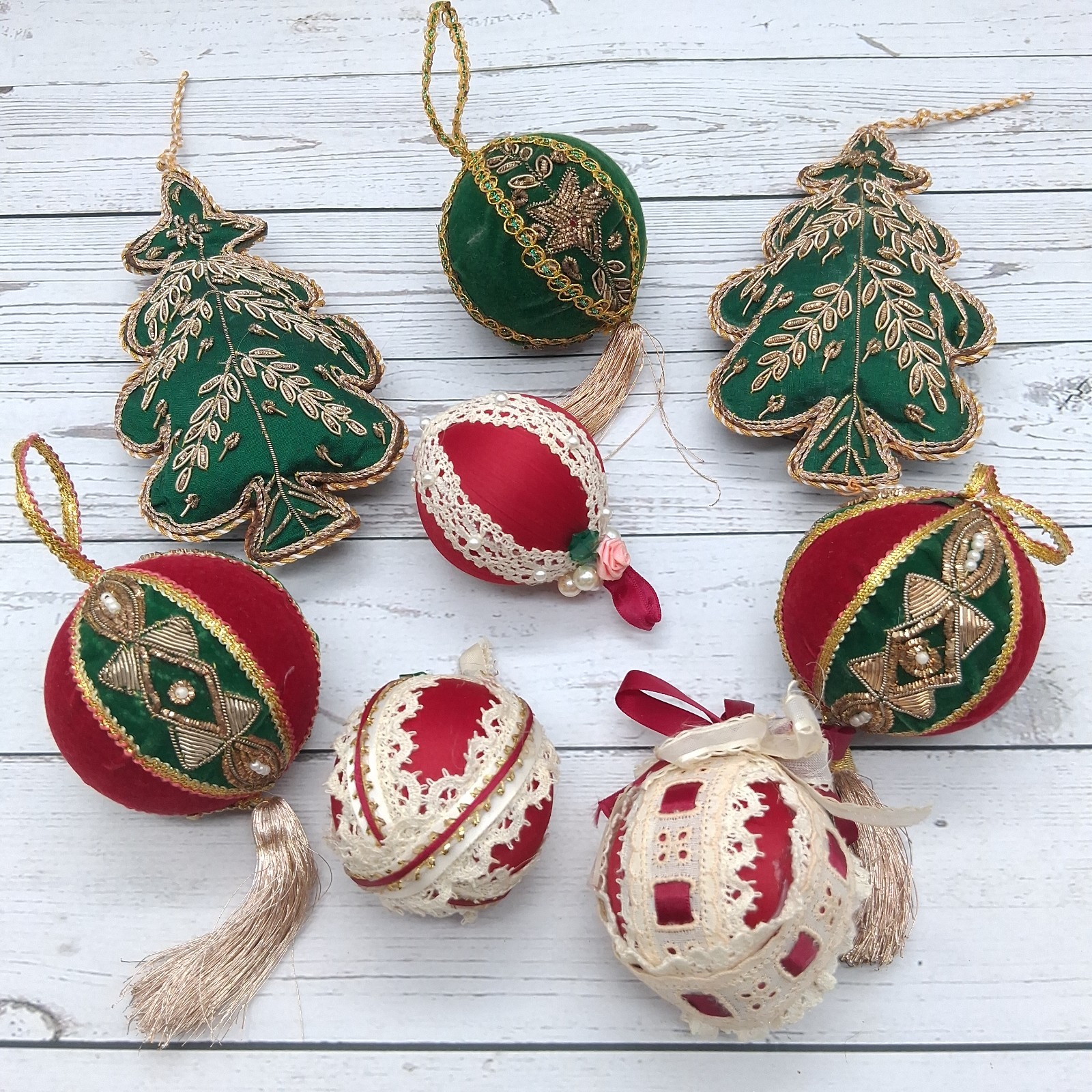 Vtg Victorian Christmas Ornaments Handmade Velvet Lace Gold Trim Tassel Lot of 8 Vtg Victorian Christmas Ornaments Handmade Velvet Lace Gold Trim Tassel Lot of 8