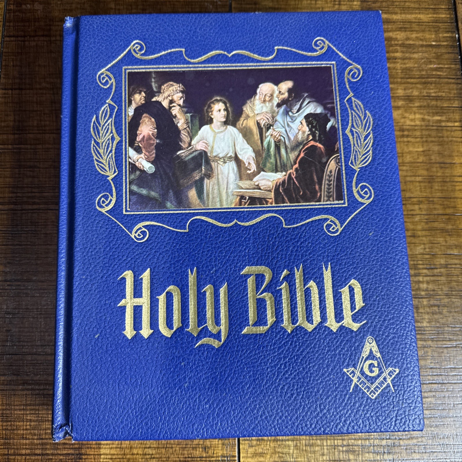 Vtg 1971 Masonic Freemason -Large Holy Bible Blue - With Serenity Bookmark EUC