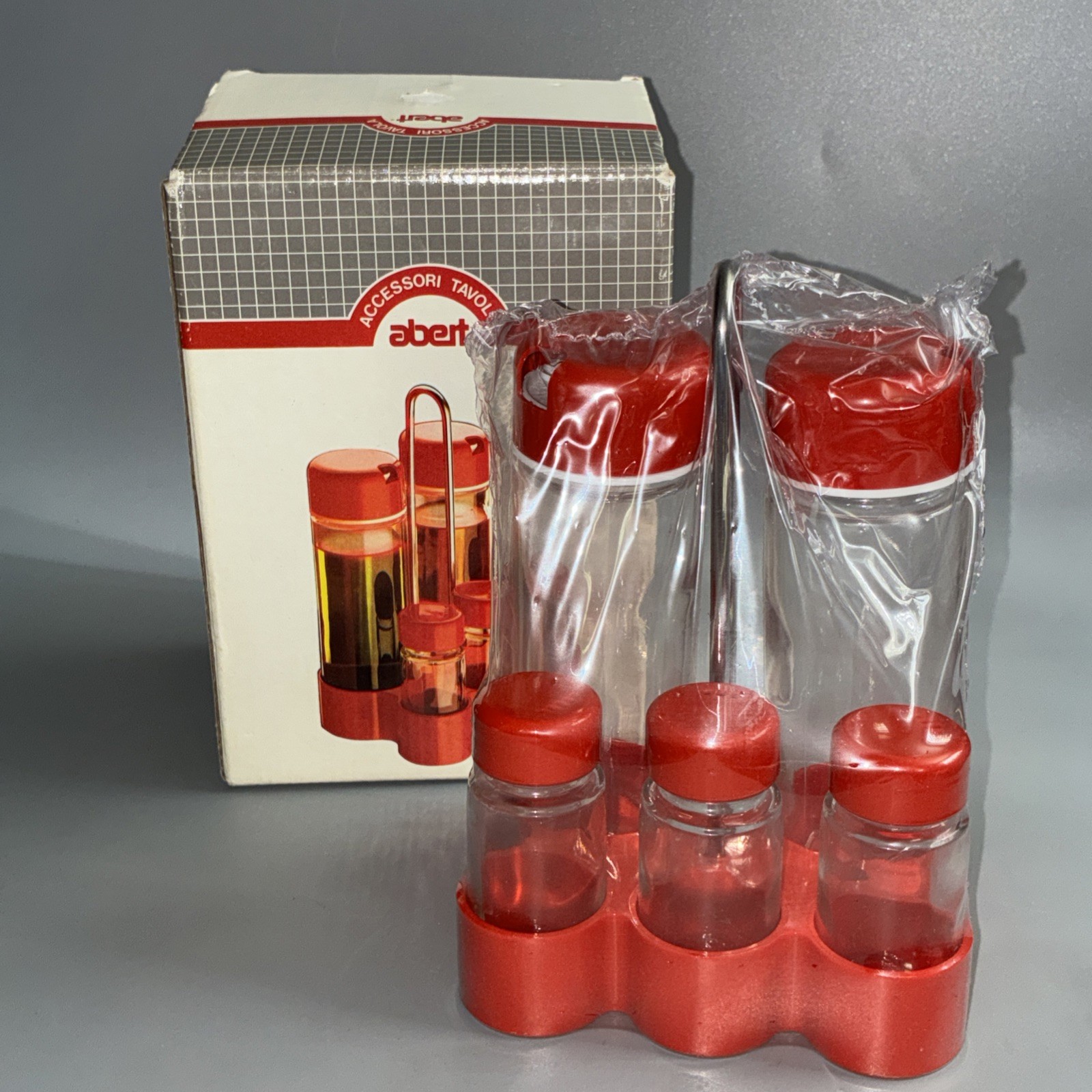 Vintage 70s Modern Abert Italy 6-Piece Cruet Condiment Set Red With Holder