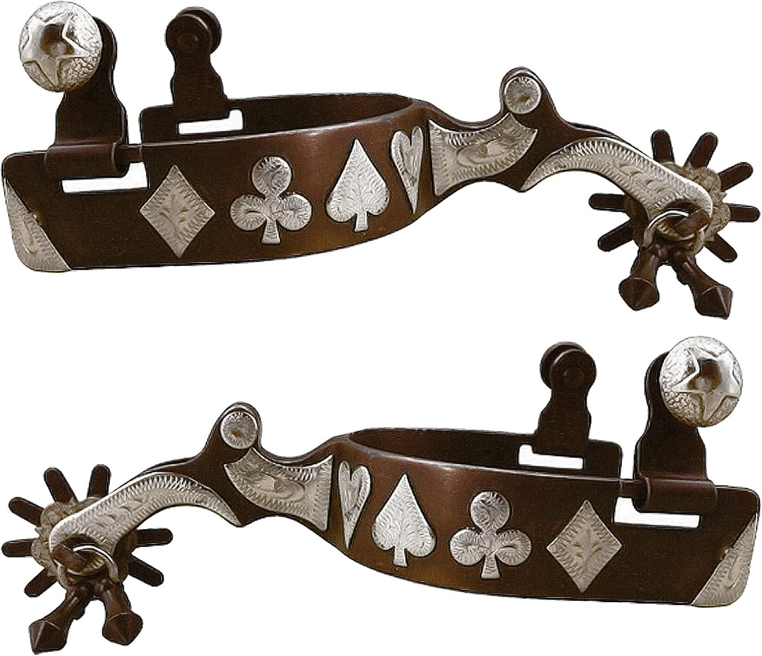 Western Antiqued Spurs with Silver Engraved Trims Rowel Jingle Bobs