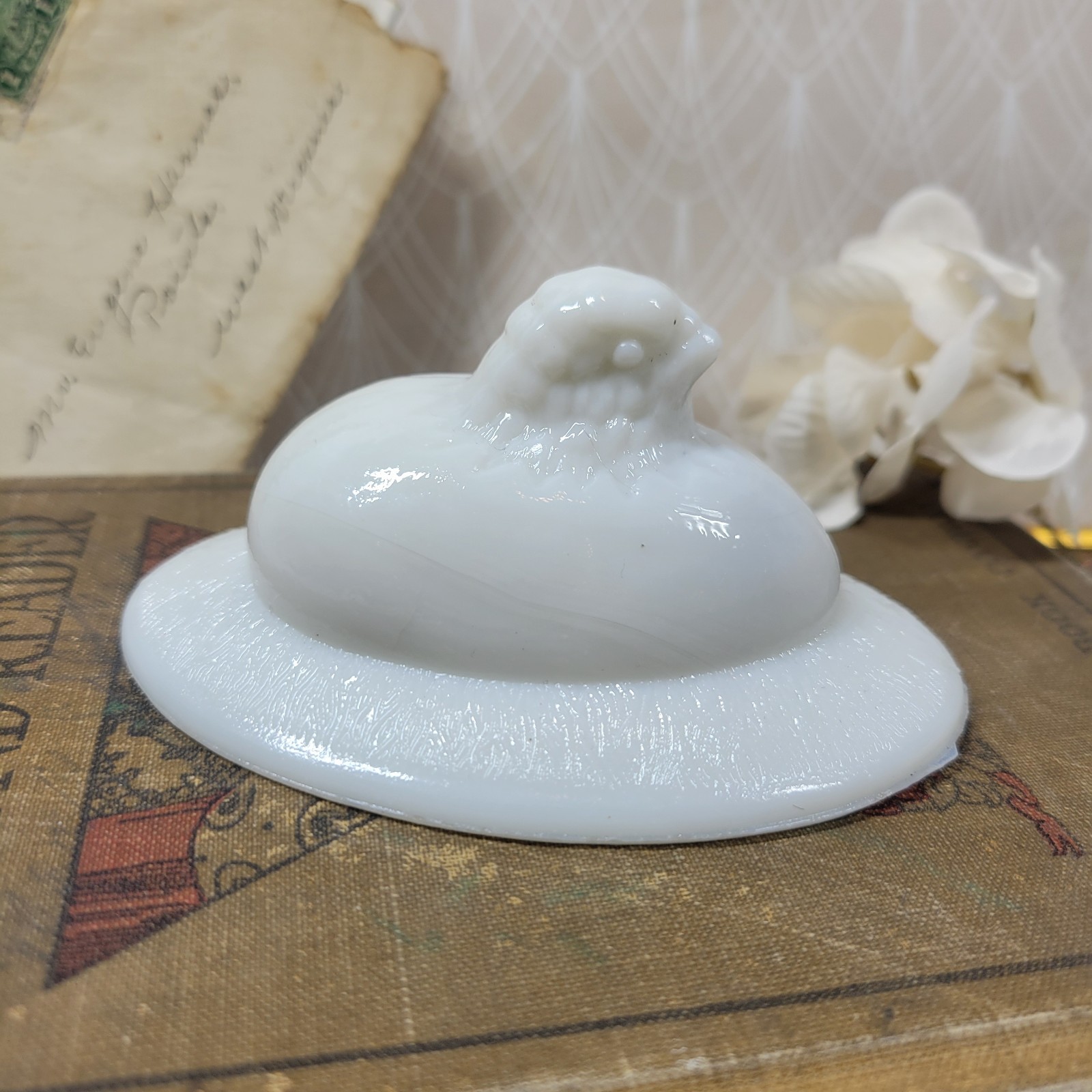 Vintage Westmoreland Milk Glass Chick Hatching On A Nest *Lid Only *