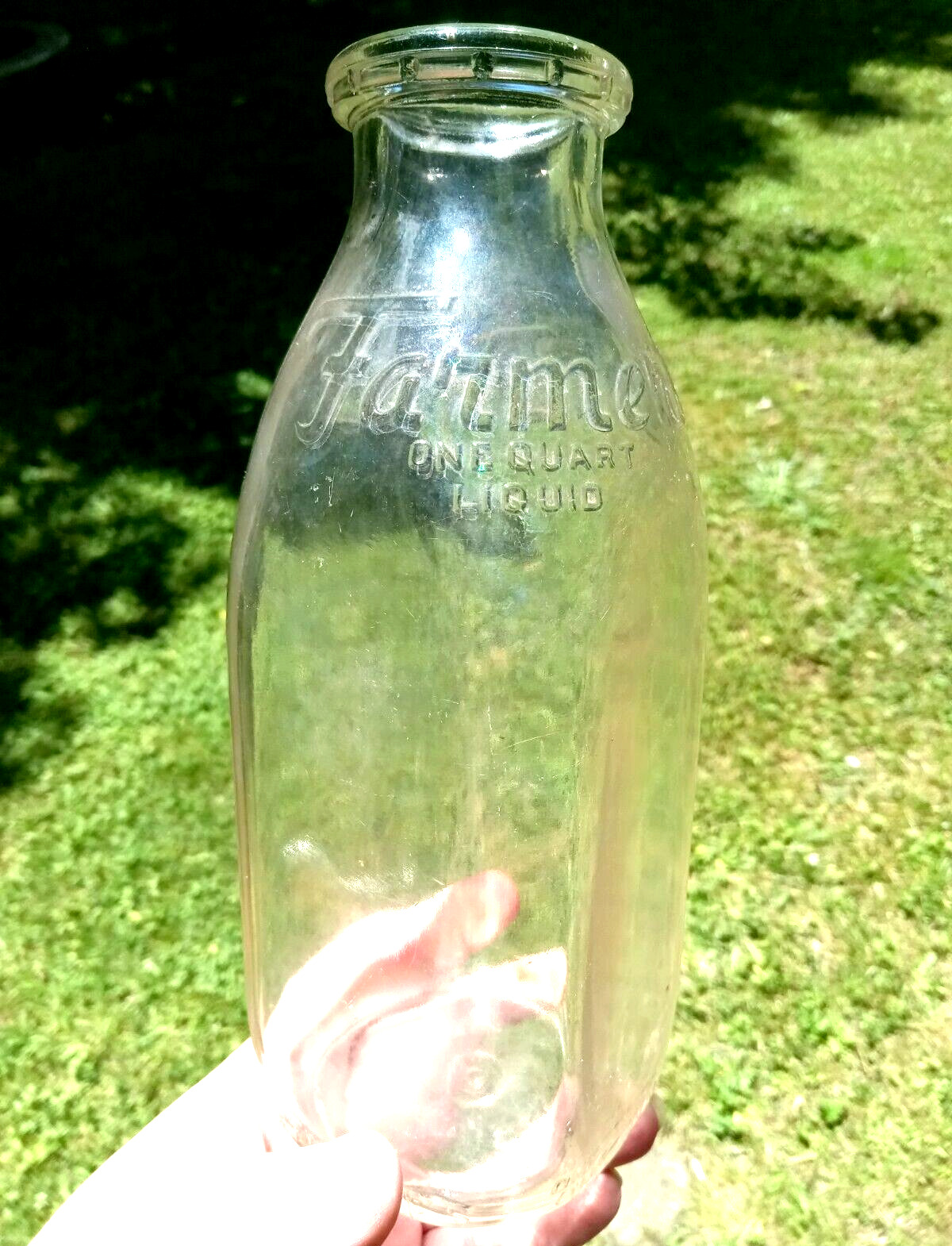 FARMER'S DAIRY Embossed Glass Quart Milk Bottle LIQ-X 261 Square Vintage