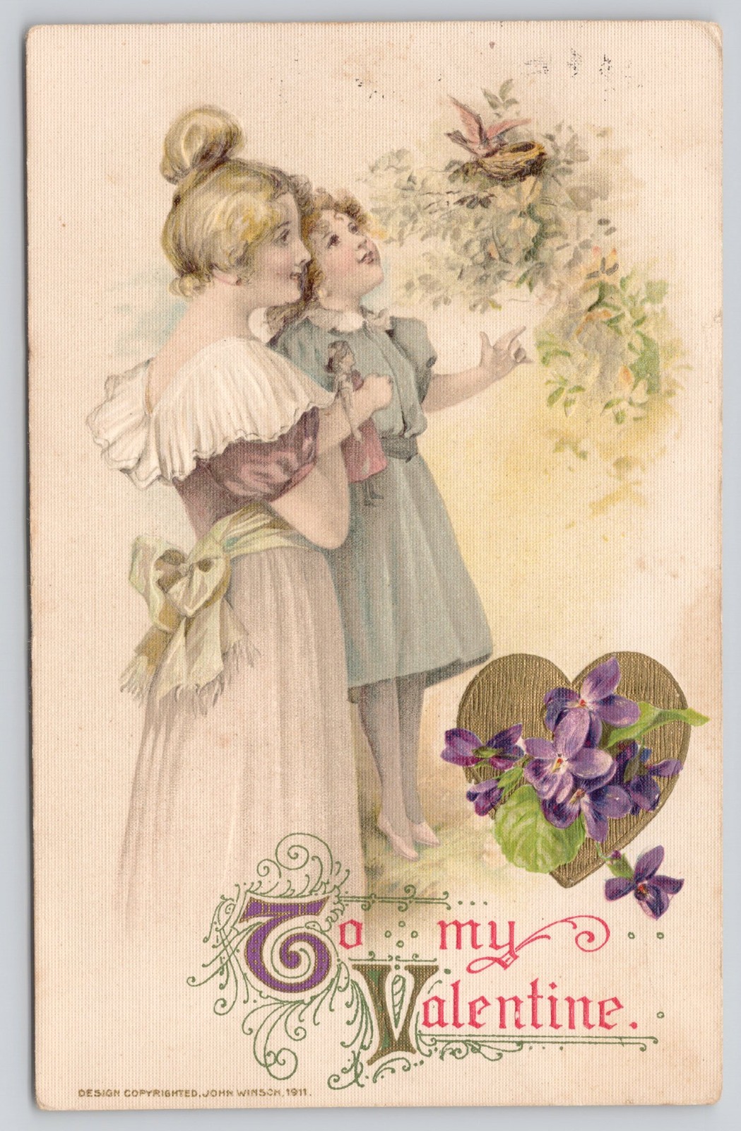 1911 John Winsch Valentine Postcard Girls Bird Nest Embossed Heart Posted