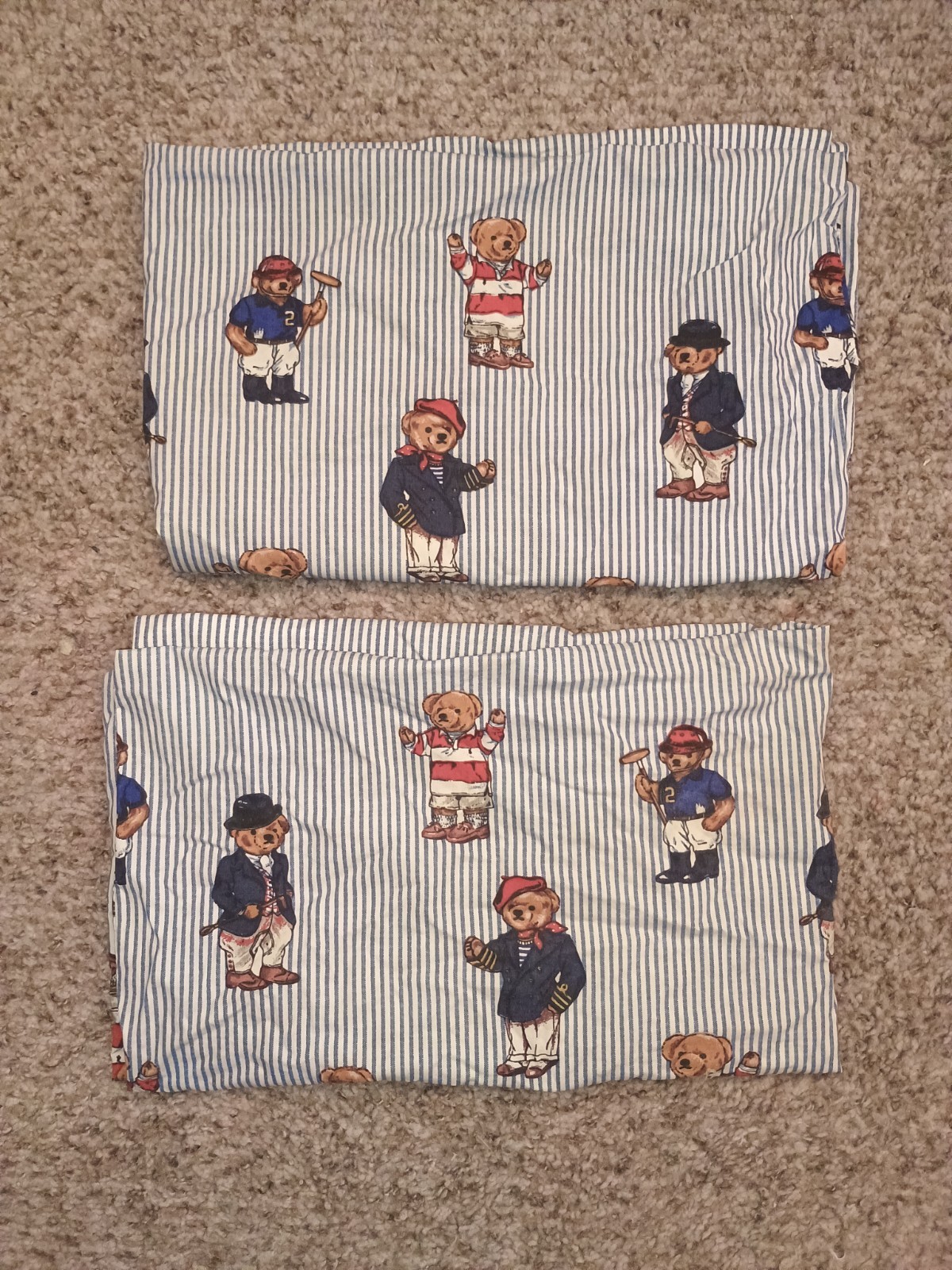 (2) VINTAGE POLO RALPH LAUREN BEAR STRIPED MADE IN USA PILLOWCASES