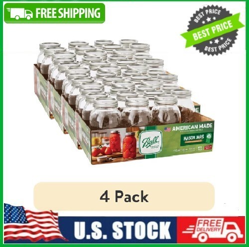 4 PACK Ball Regular Mouth Quart 32Oz Glass Mason Jar with Lids & Bands, 12-Count