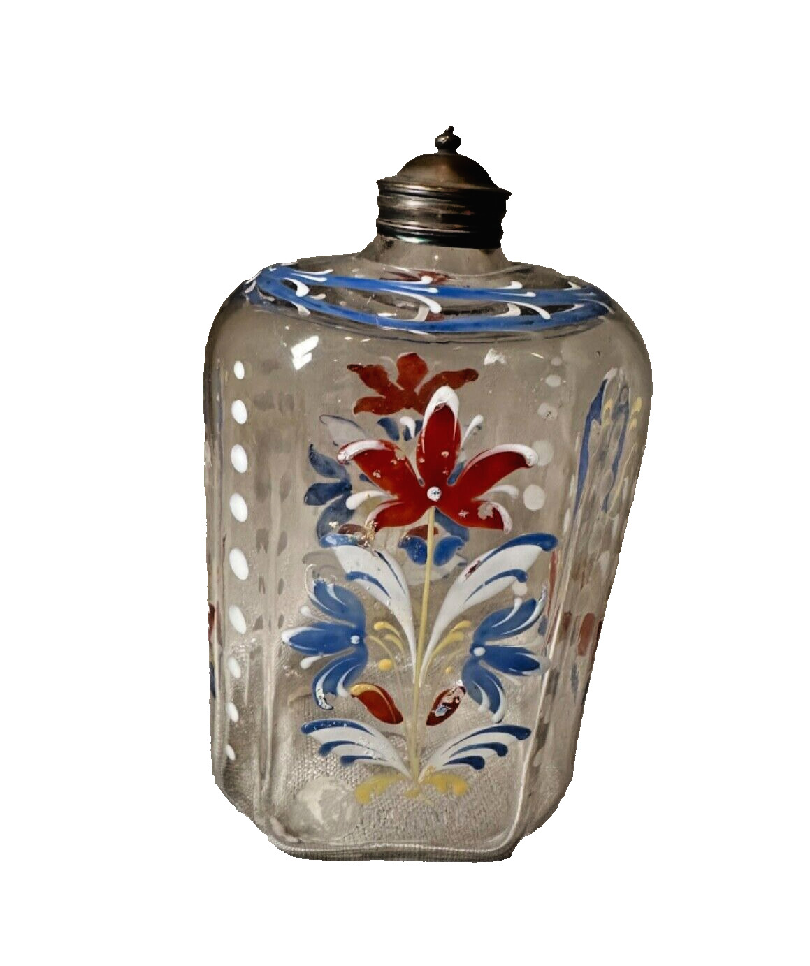 Antique 18th Century Stiegel -Type Enameled Blown Glass  W/Flowers