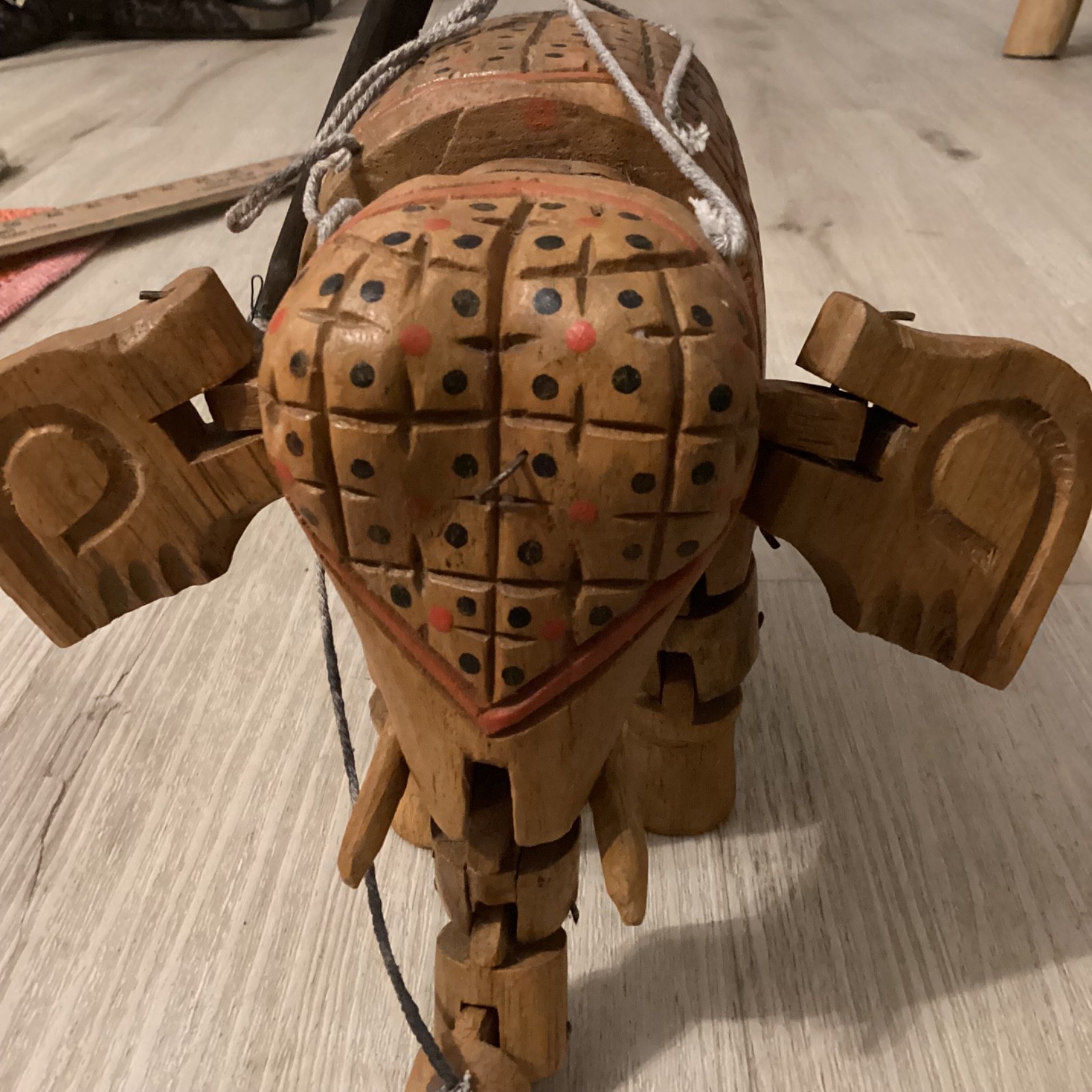 Vintage Hand Carved Asian Folk Art Wooden Jointed Painted Elephant Marionette