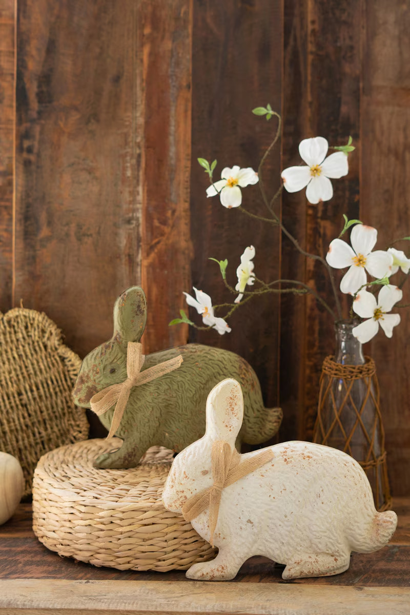 Set Of 2 Painted Green & White Metal Rabbits Spring Centerpiece Easter Gift