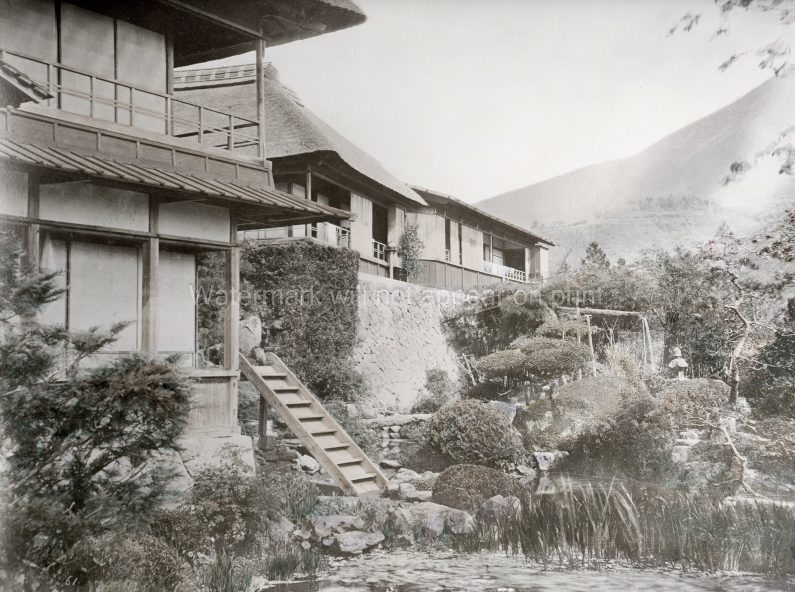 Japan Traditional House Thatched Roof Garden Pond Mountain Vtg. Photo 19thC.