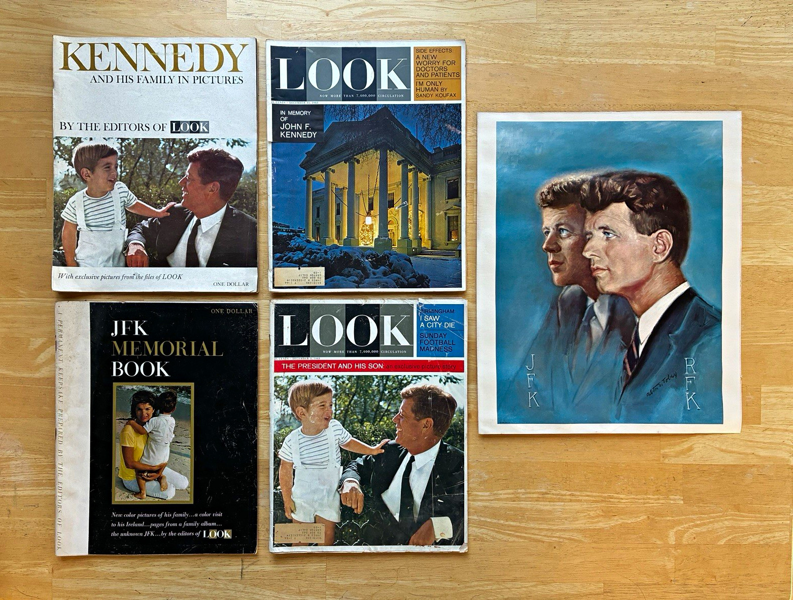 John F. Kennedy Memorabilia 4 LOOK Magazines + Print of 1968 JFK & RFK Painting