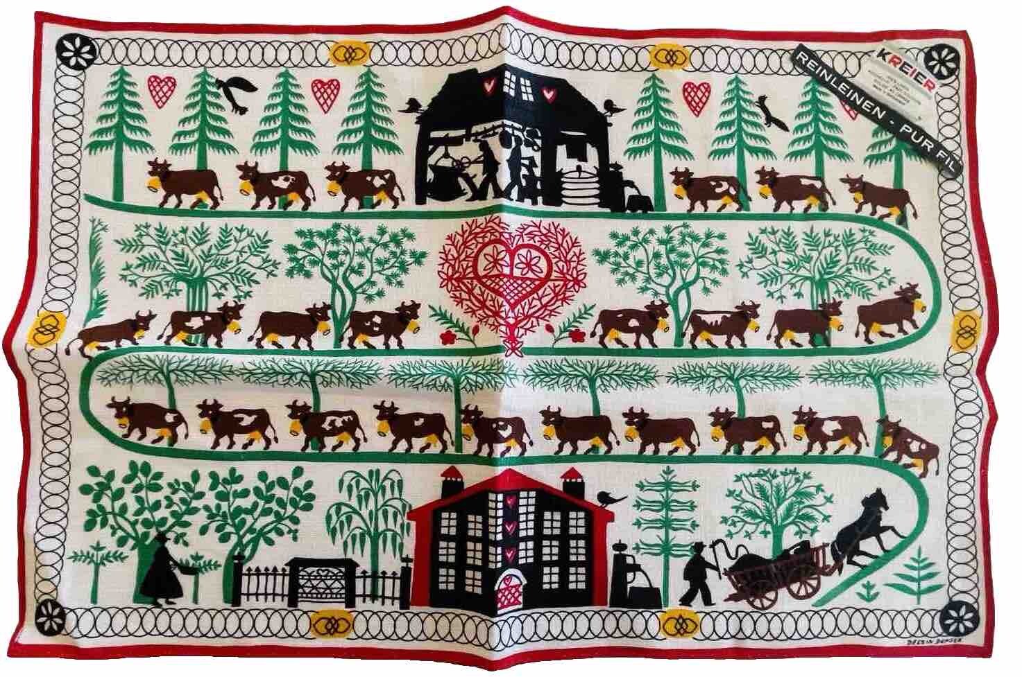 Dessin Depose by KREIER Pure Linen Place Mats Cow Folk Art NEW 1950 18x12