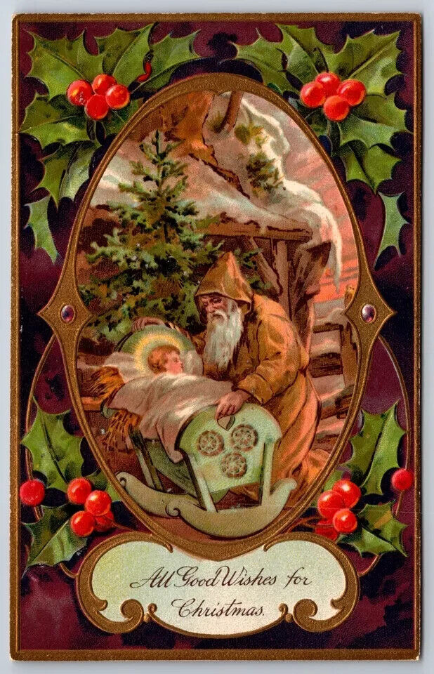 Brown Robe Santa Claus with Baby Jesus~Holly~Antique PFB Christmas Postcard~k411