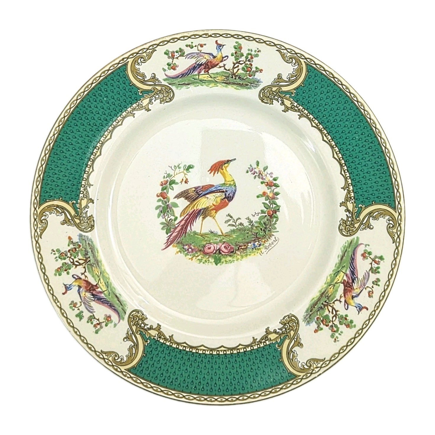 1930\'s Myott Chelsea Bird 9 in Green Plate Enameled Beads Barely Used Rare