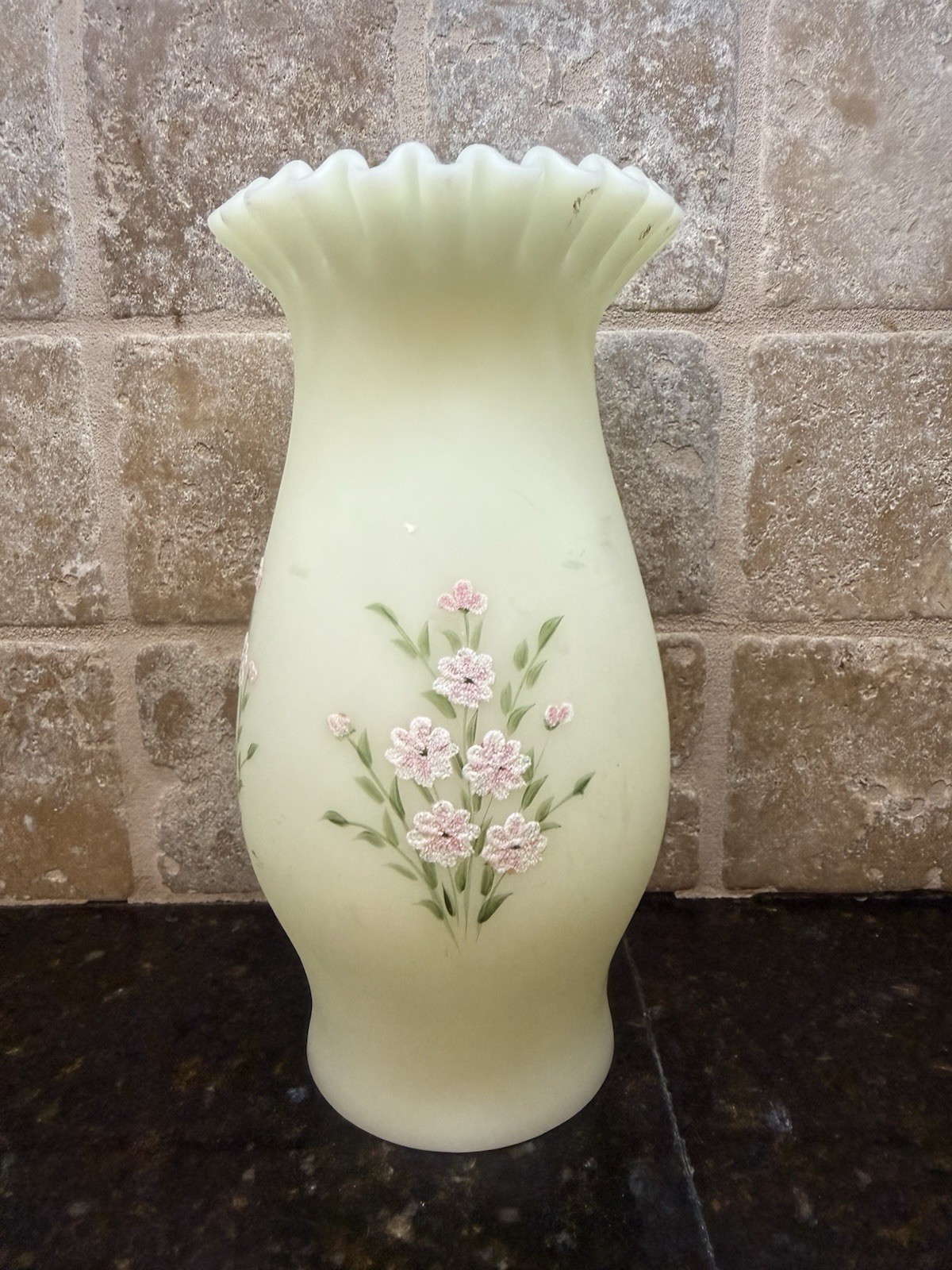 Fenton Pink Floral Painted Custard Glass Signed Hurricane Lamp Candle Holder Top