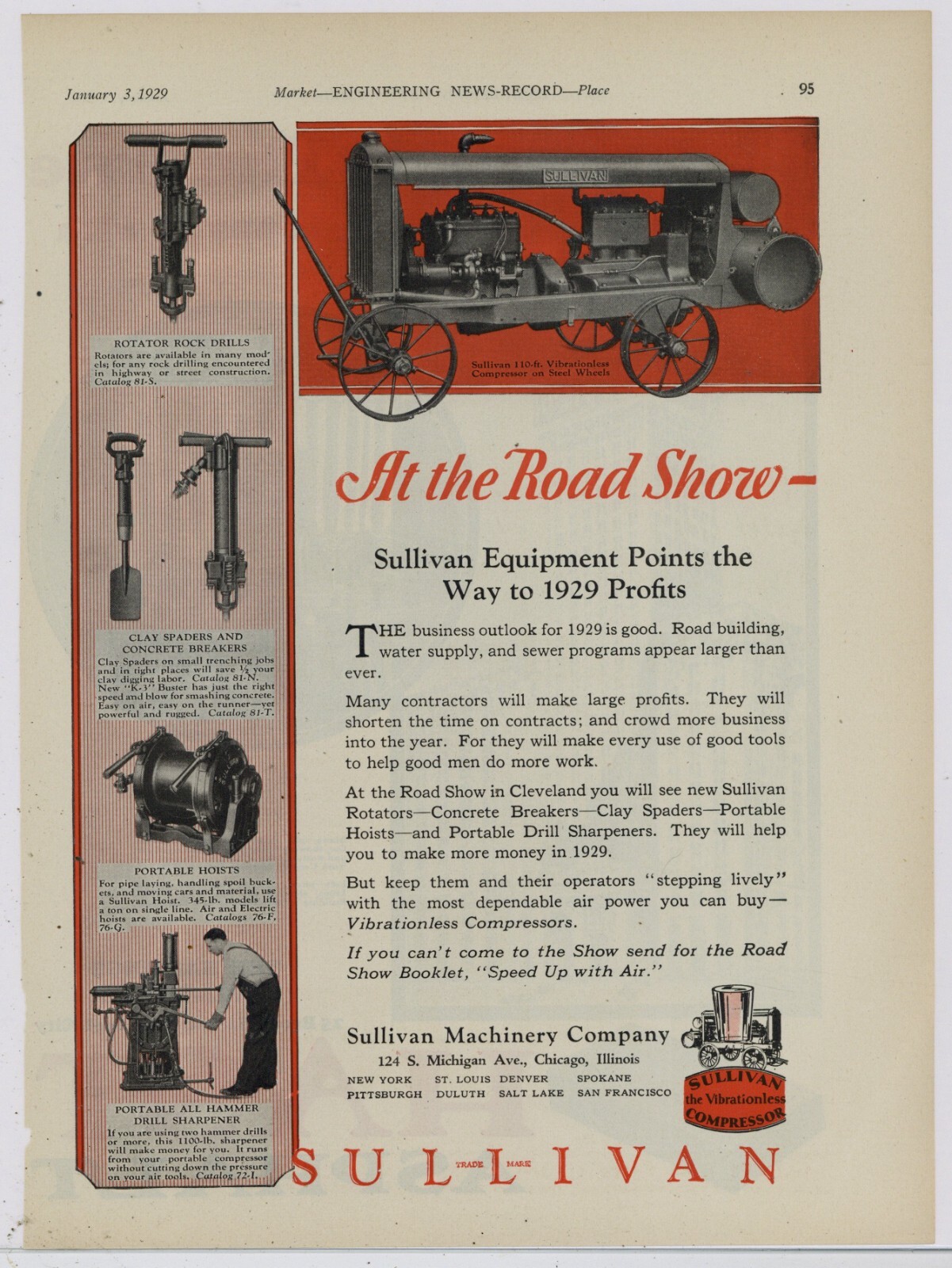 1929 Sullivan Machinery Ad: Vibrationless Compressor & Line Pics for Roadshow