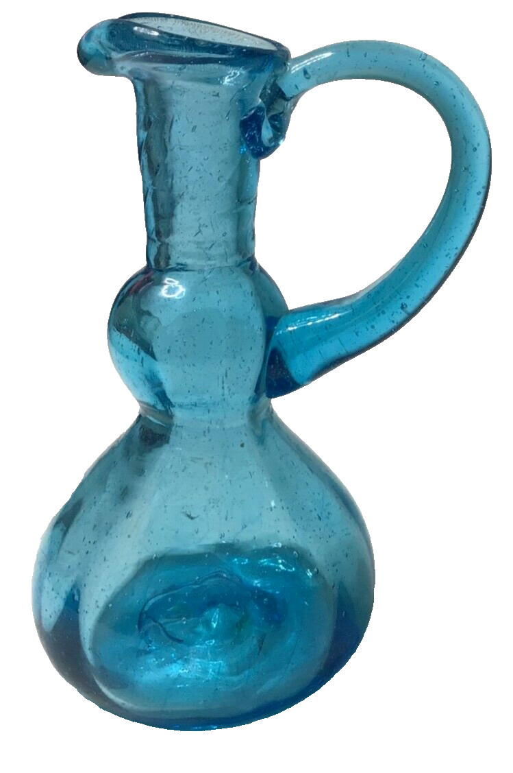 Art Glass Hand Blown Bubble Blue Small Creamer Pitcher 4.5”T 2.5”W 875A