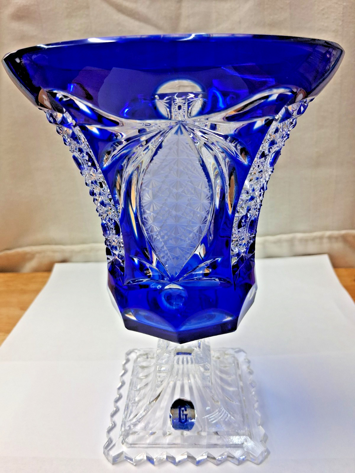 Antique Goda Large Cobalt Blue Cut to Clear Crystal center piece Vase hand made